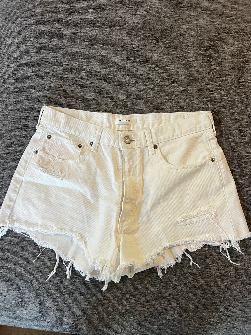 Moussy White Distressed High-Rise Denim Shorts